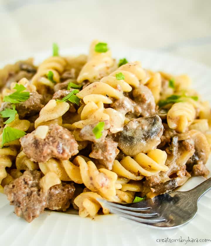 plate of homemade beef stroganoff with a fork