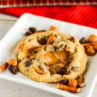everything cookies with semi sweet chocolate chips, pretzels, and caramel
