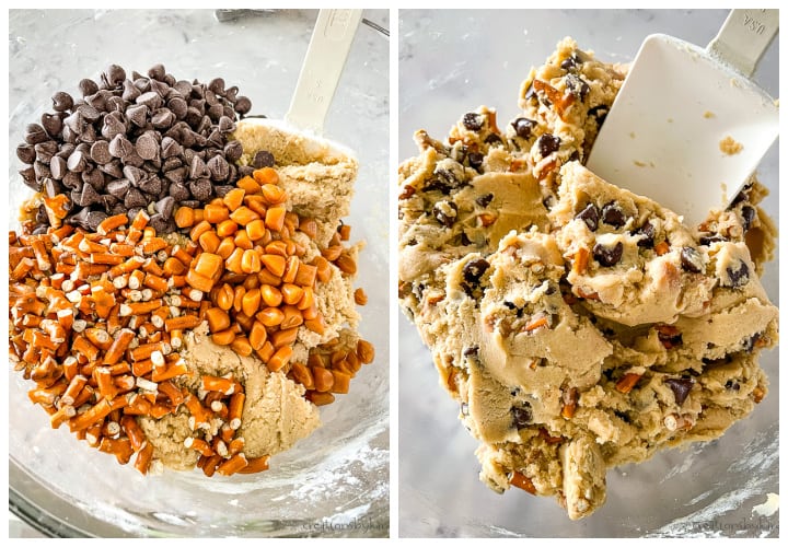 process shot collage- chocolate chips, pretzels, and caramel bits being added to bowl of cookie dough