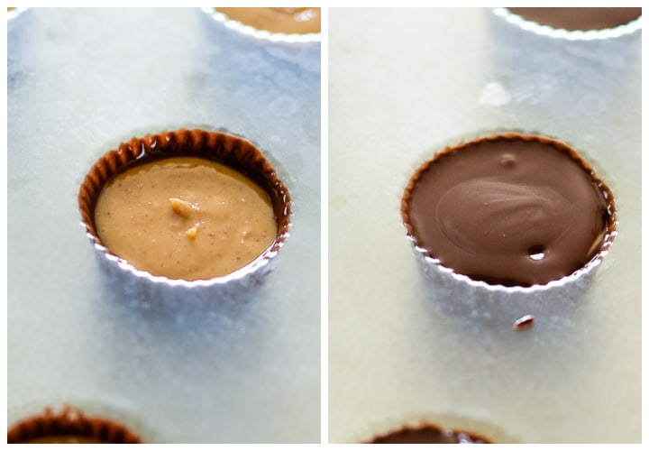 process shot- adding filling and chocolate to keto peanut butter cups in candy molds