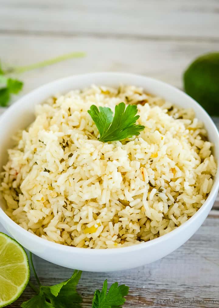 close up of bowl of cilantro rice