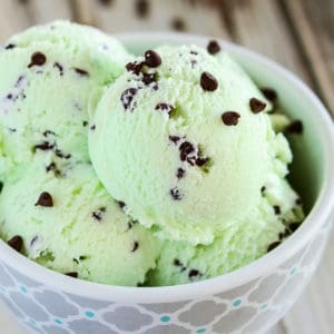 close up of homemade mint ice cream with chocolate chips