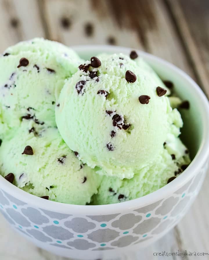 close up of homemade mint ice cream with chocolate chips