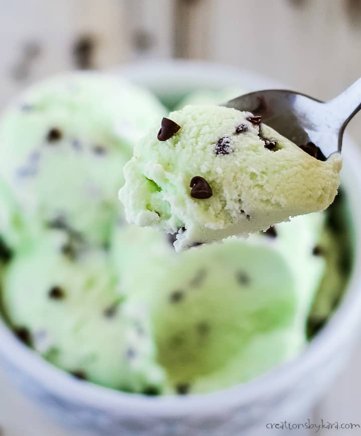 spoonful of mint ice cream over a bowl of ice cream