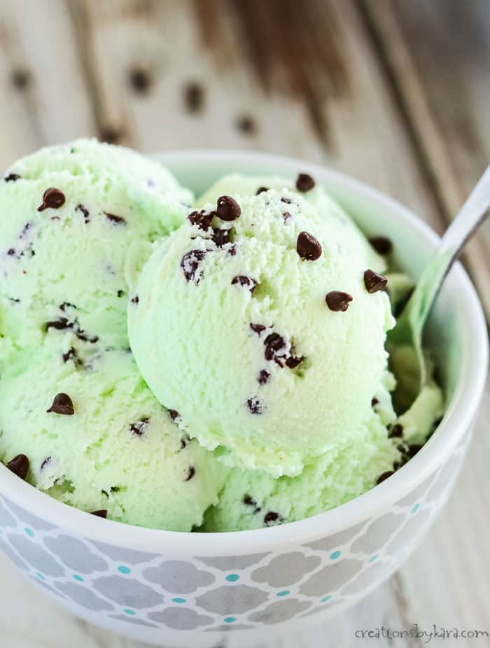 bowl of mint chocolate ice cream with a spoon
