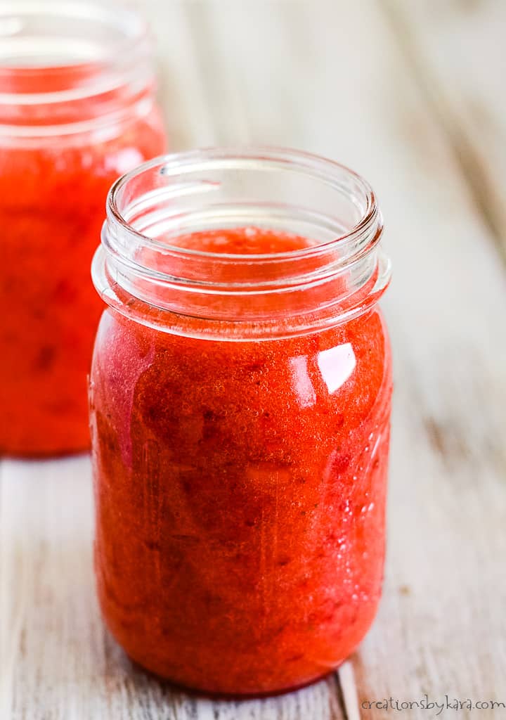 uncovered jar of freezer strawberry jam