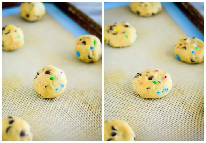 balls of cookie dough on silpat lined cookie sheets