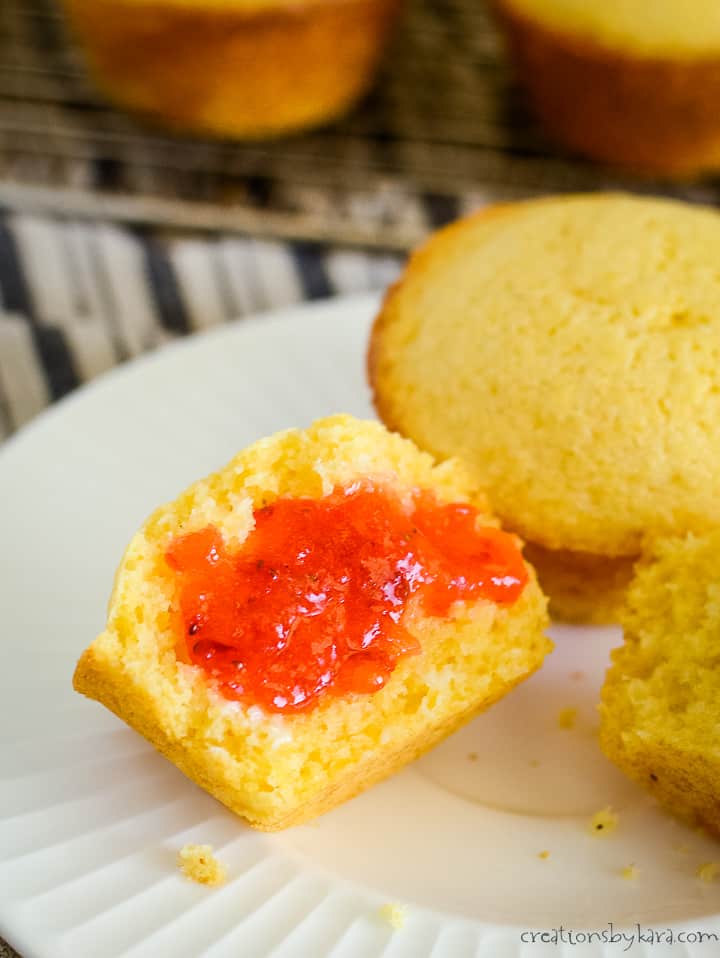 cornbread muffin with homemade strawberry jam