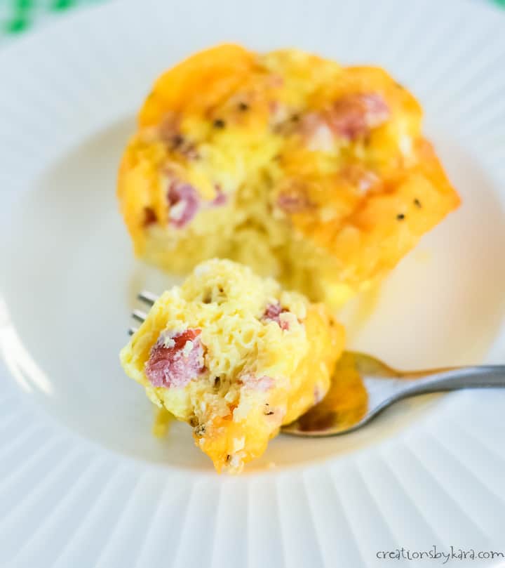 bite of muffin tin eggs on a fork
