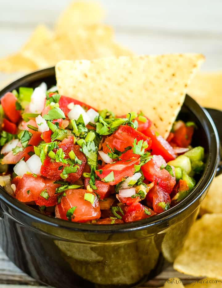 bowl of fresh salsa with a tortilla chip in it