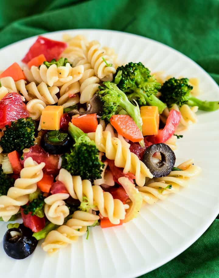 italian dressing pasta salad on a white plate