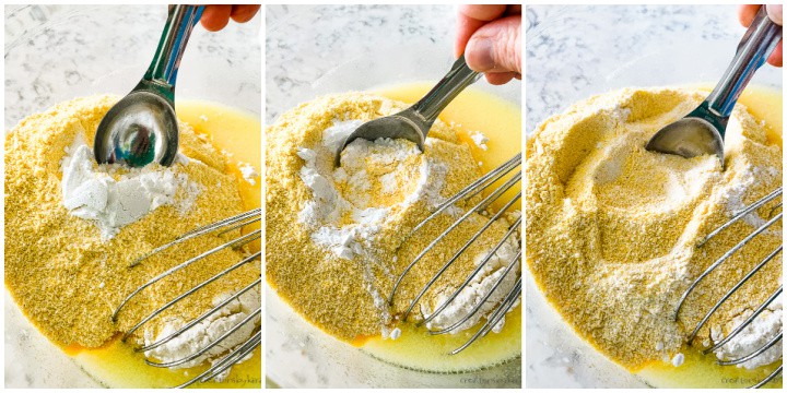 adding baking powder and salt to a bowl of muffin batter