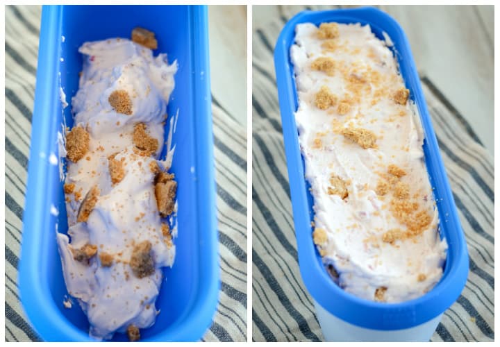 process shot - adding graham cracker crumble to homemade ice cream