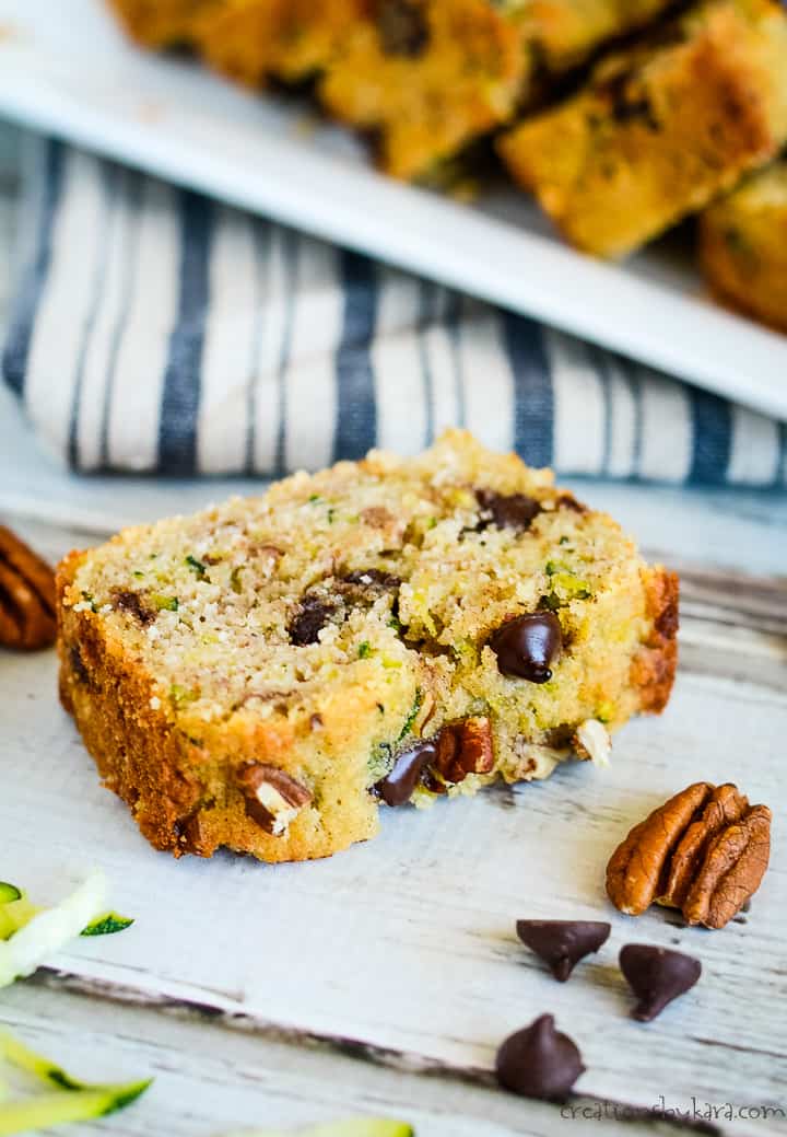 slice of keto zucchini bread with chocolate chips and pecans