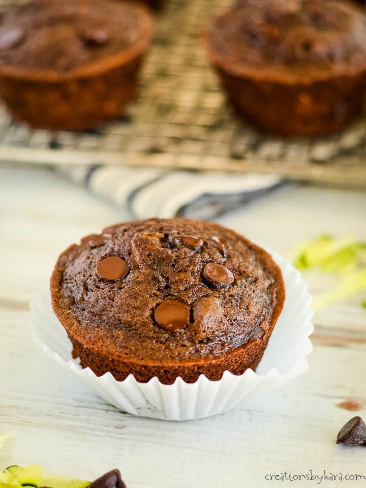 chocolate zucchini muffin in a paper liner with muffins in the background.