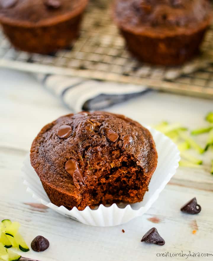 muffin in a paper liner with shredded zucchini and chocolate chips