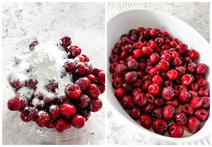 process shot collage-fresh cherries in a bowl and in a baking dish