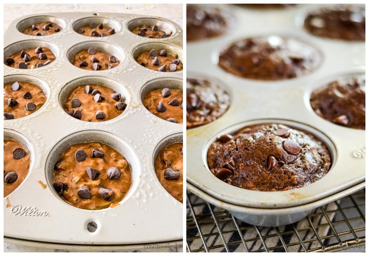 muffin tins with batter and baked chocolate zucchini muffins