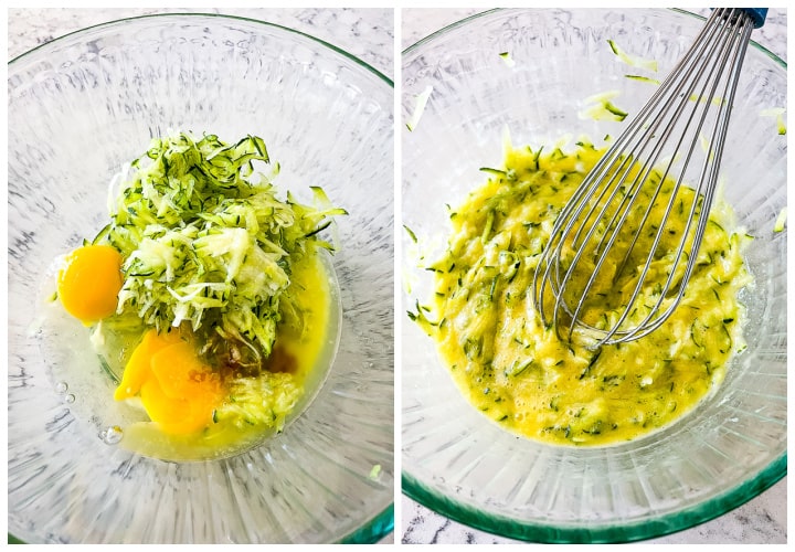 process shots- zucchini, egg, vanilla, and melted butter in a mixing bowl.