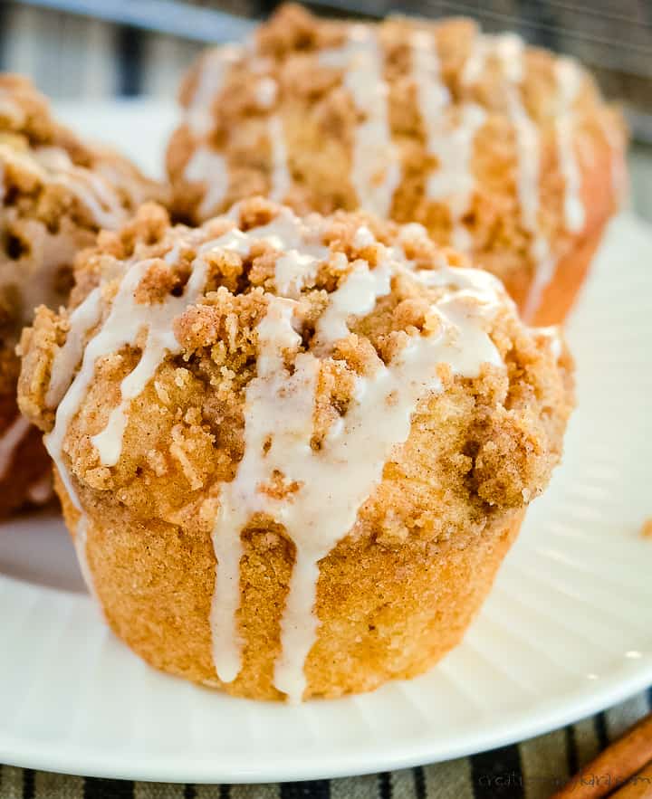 close up of apple crumble muffin with cinnamon glaze