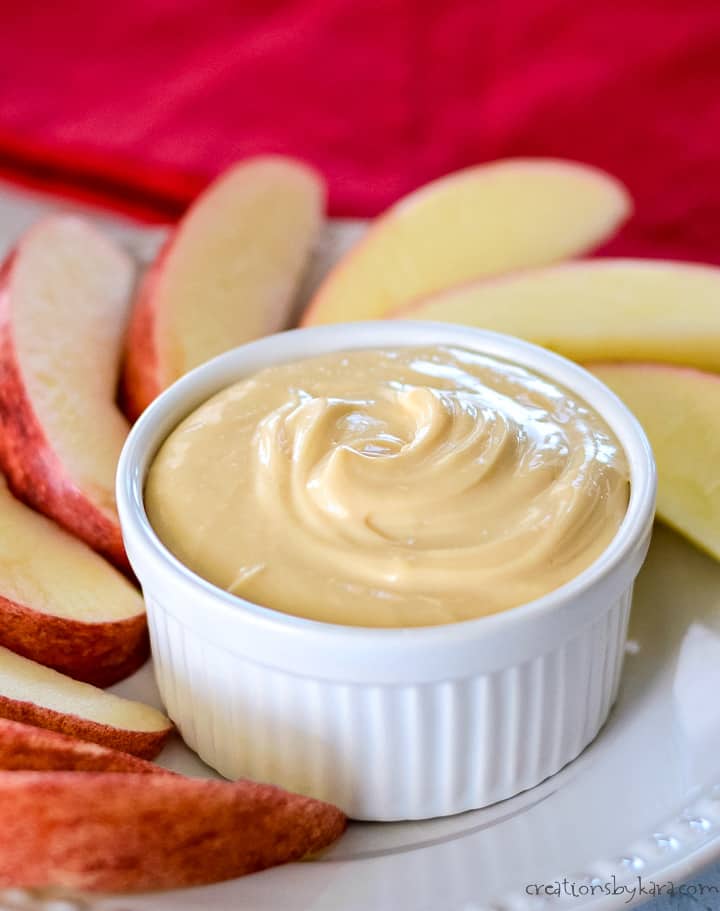 cream cheese apple dip in a white bowl