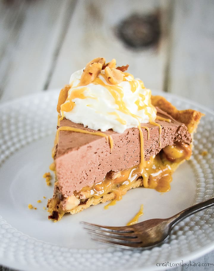 slice of chocolate caramel turtle pie on a plate