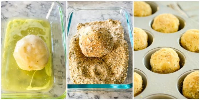 rolling potato balls in butter and crumbs