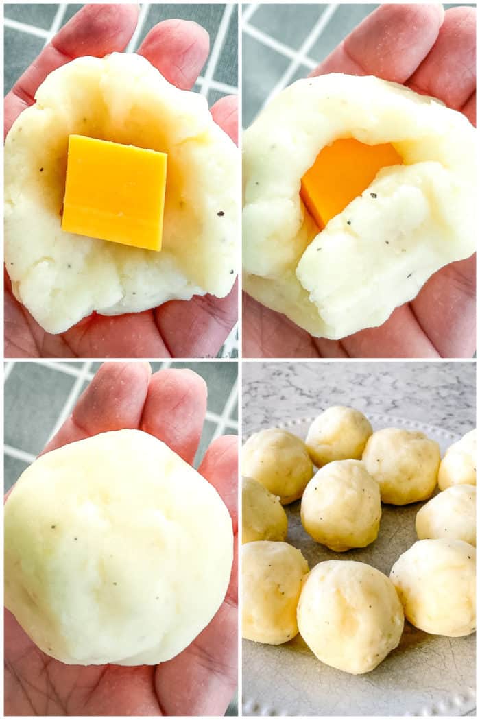 process shots- wrapping mashed potatoes around cheese