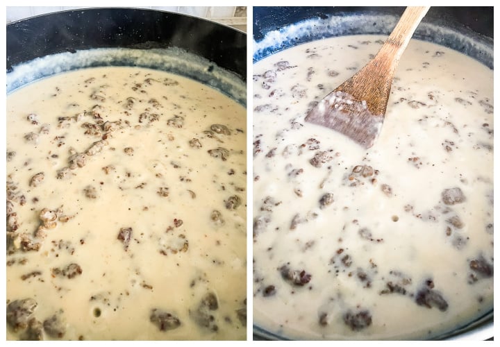 process shots - cooking homemade sausage gravy in a skillet 