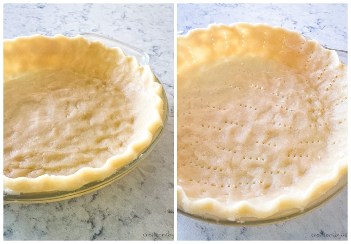 raw pie crust with crimping and fork holes.