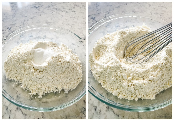 flour, salt, and sugar in a pie dish.
