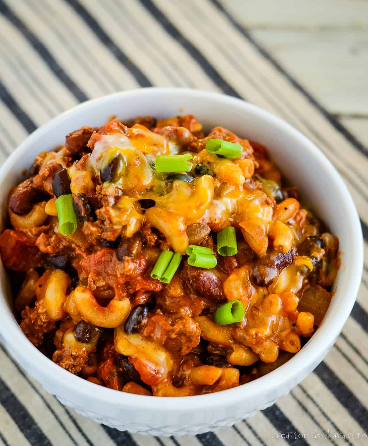 overhead shot of bowl of chili mac and cheese