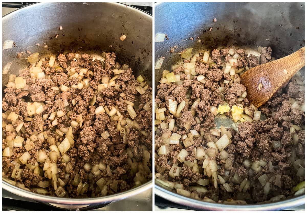 process shots - browning ground beef and onions in a pot