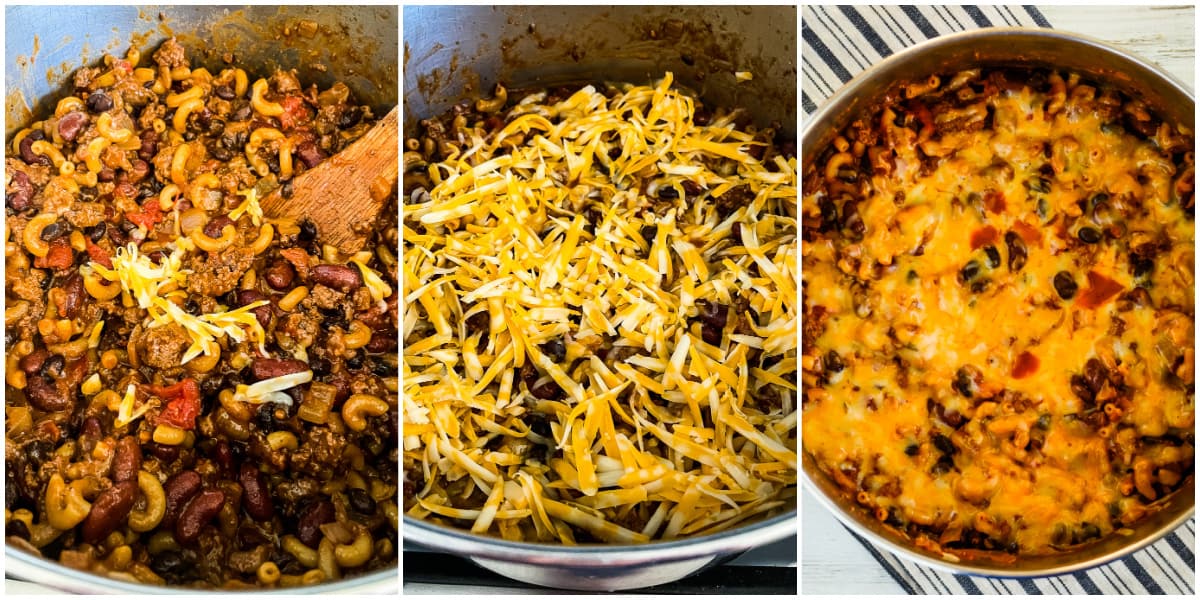 process shots- adding cheese to chili macaroni and cheese