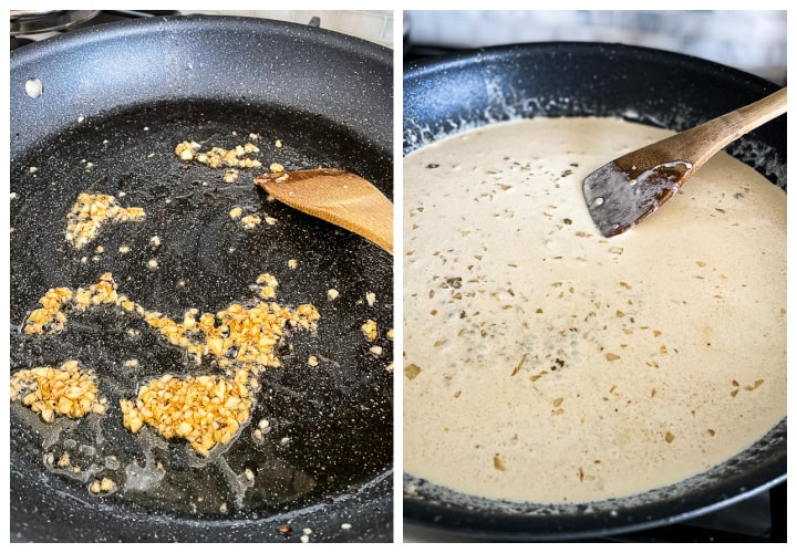 process shots- making creamy sauce for pork chops in a skillet