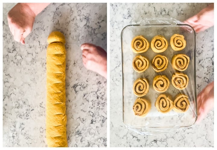 sliced cinnamon roll dough in a pan