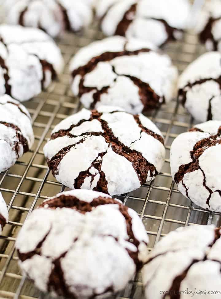 chocolate crinkles cooling on a wire rack