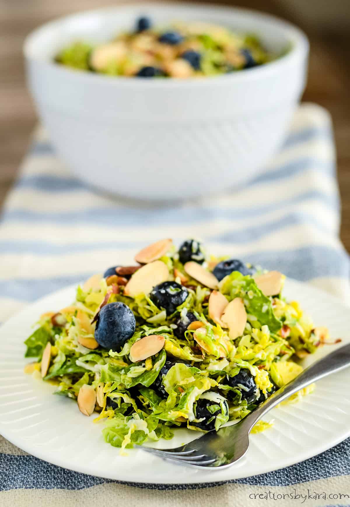 plate of brussel sprout salad with blueberries and almonds