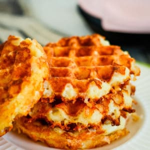 stack of chaffles on a white plate