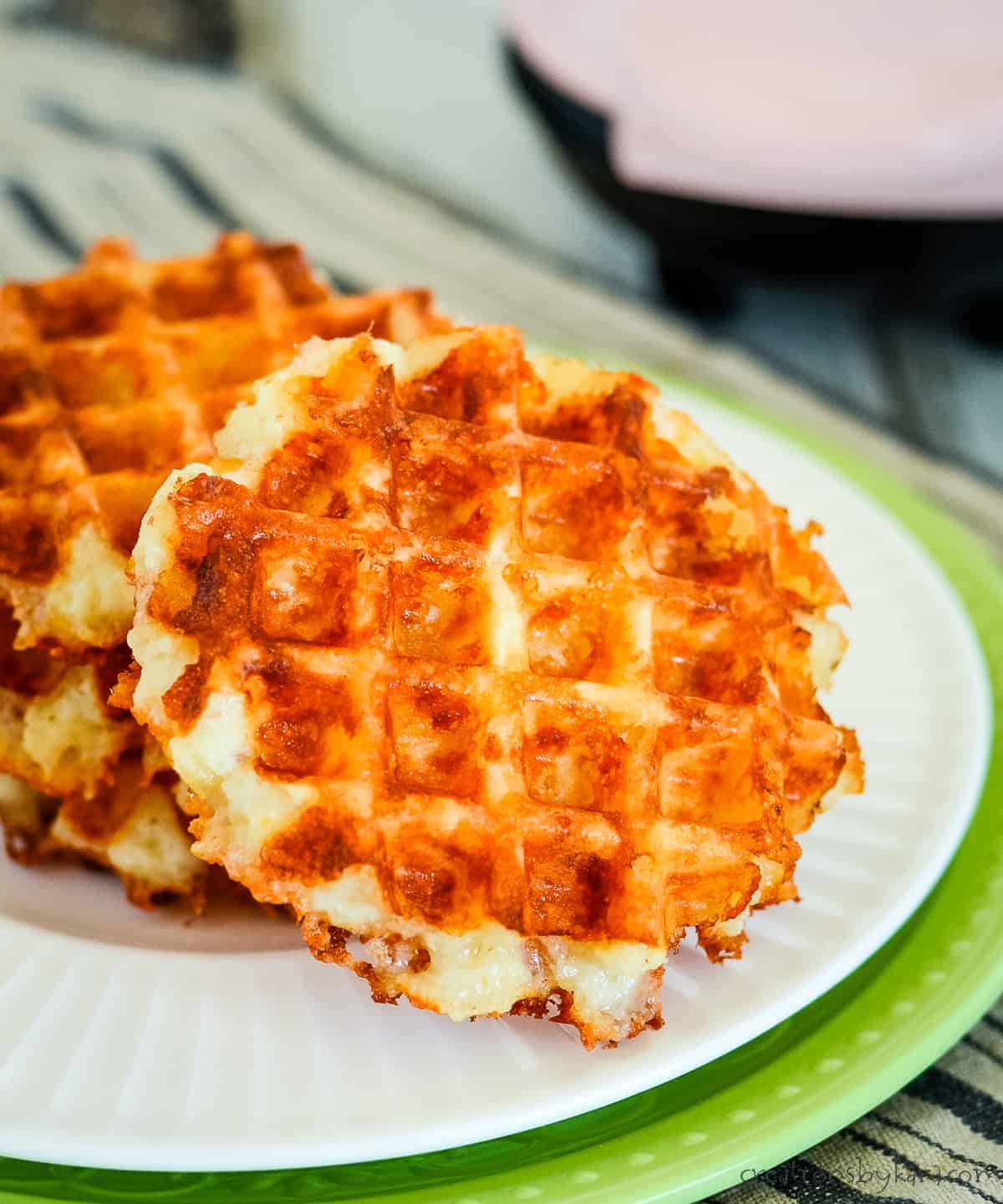 white plate with three keto chaffles