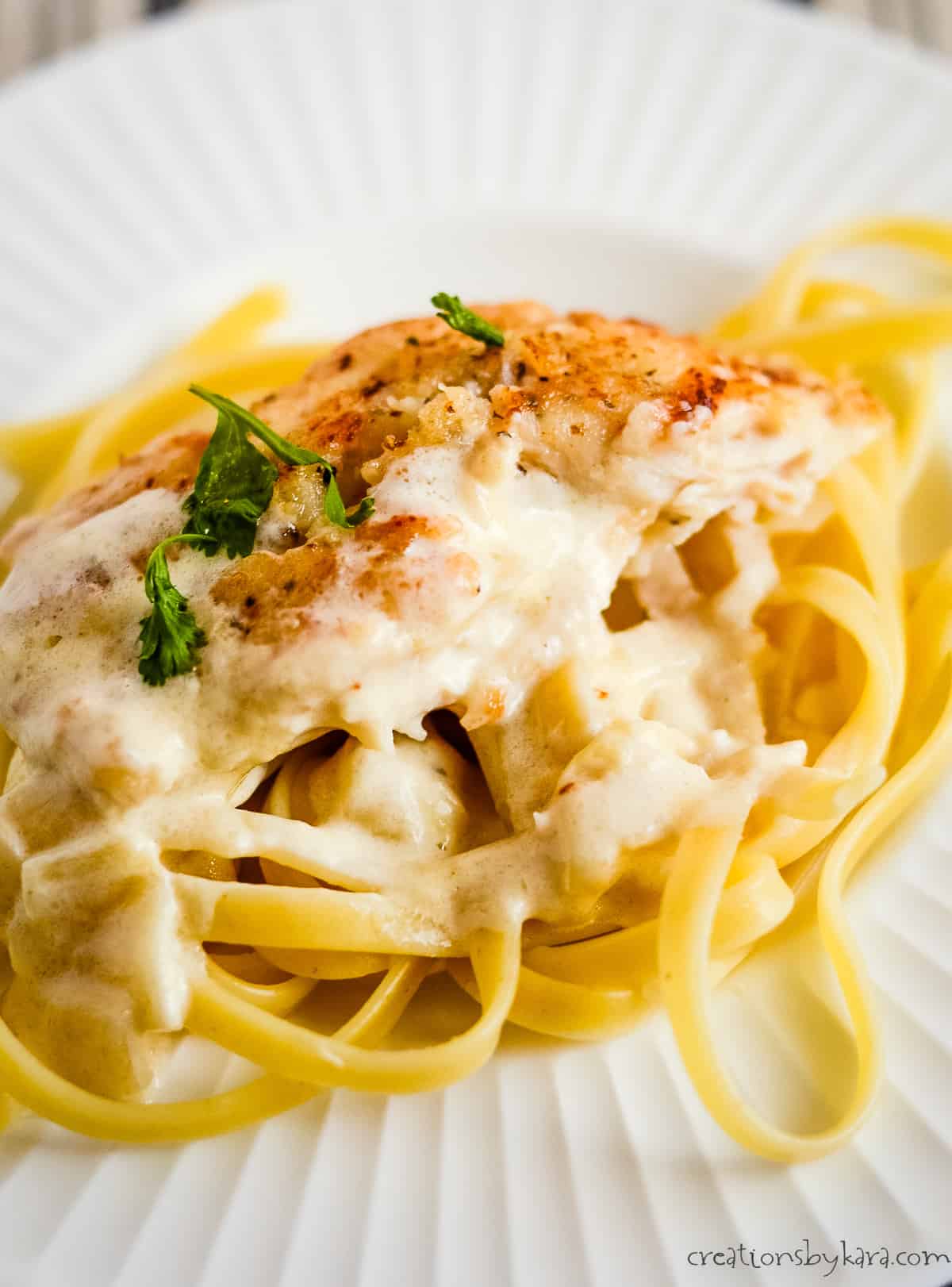 creamy garlic parmesan chicken on a plate with pasta