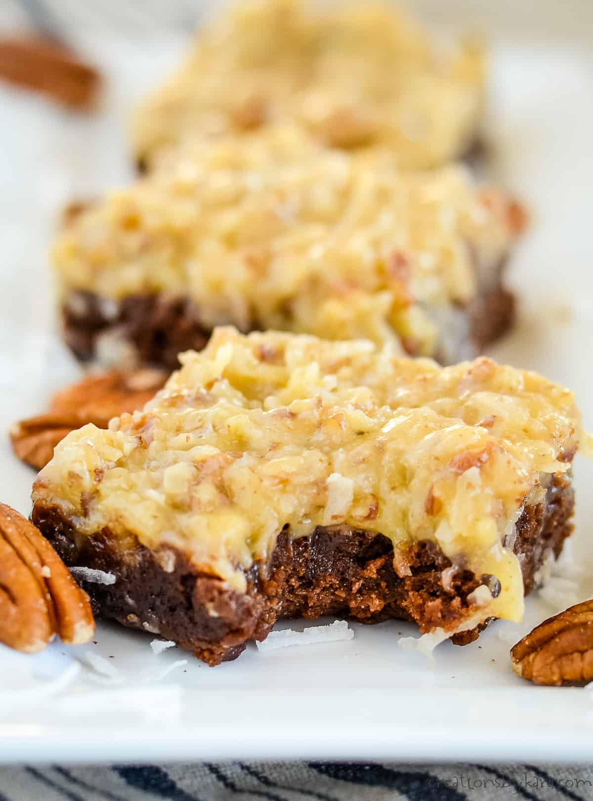 german chocolate brownie with a bite taken out of it