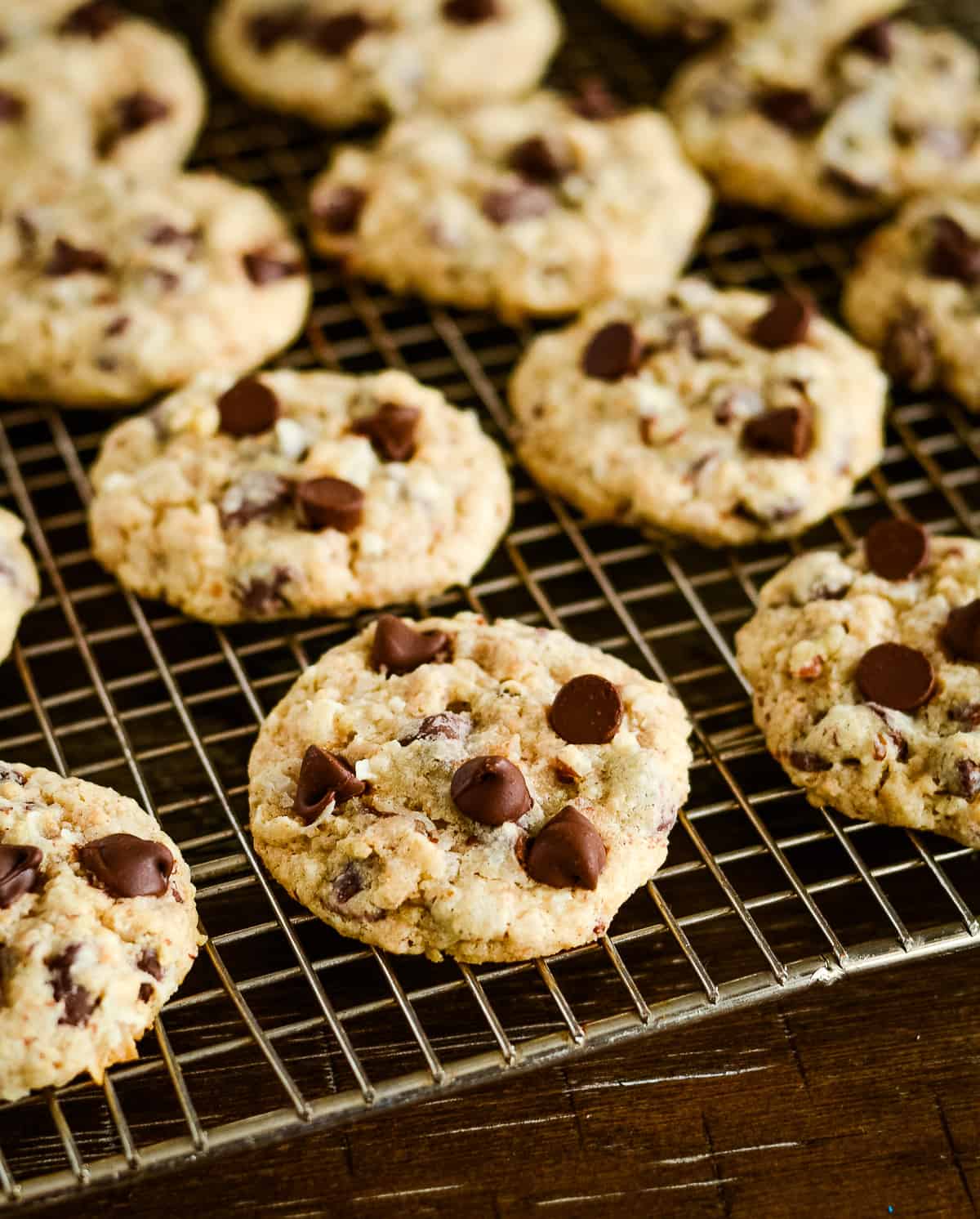 graham cracker chocolate chip cookies on wire racks