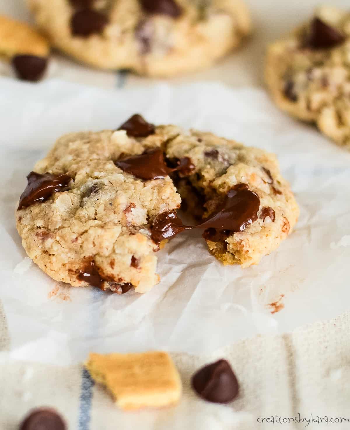 ooey gooey cookie with chocolate chips, coconut, graham crackers, and nuts