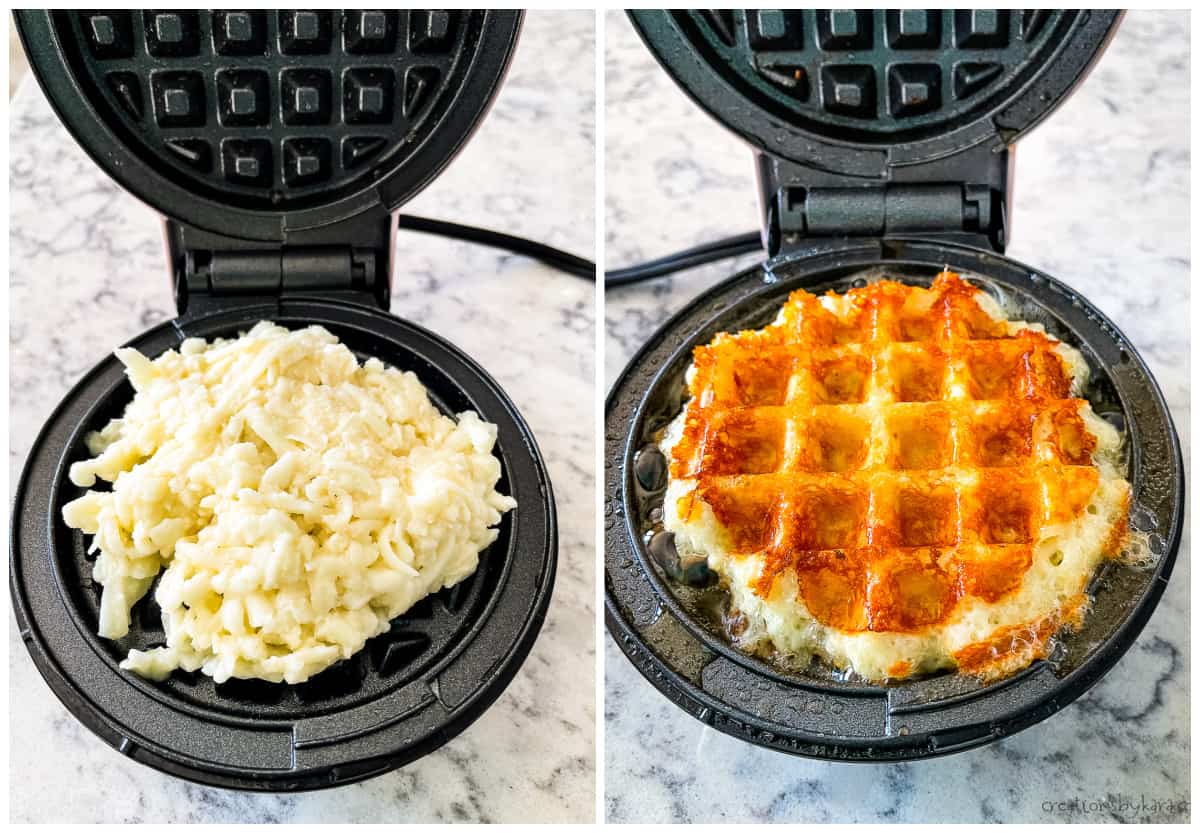 cooked and uncooked chaffle in mini waffle maker