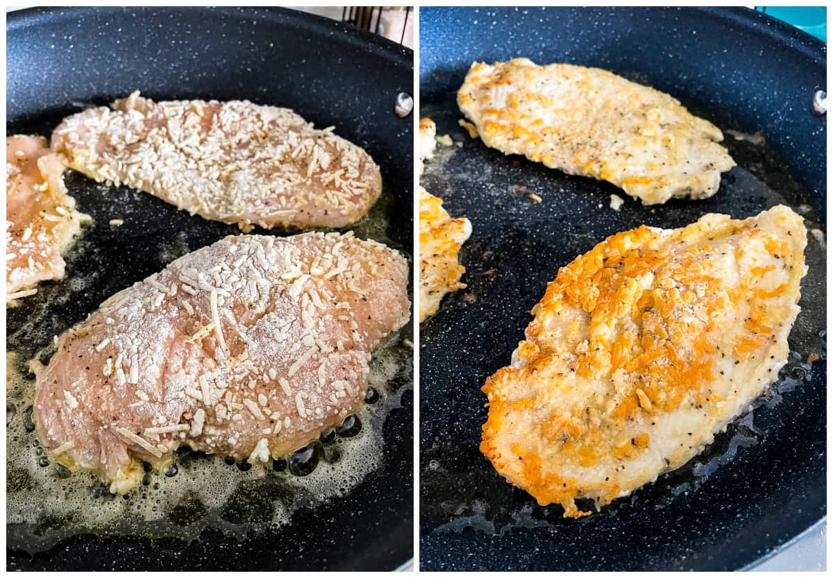 breaded chicken breast being browned in a skillet