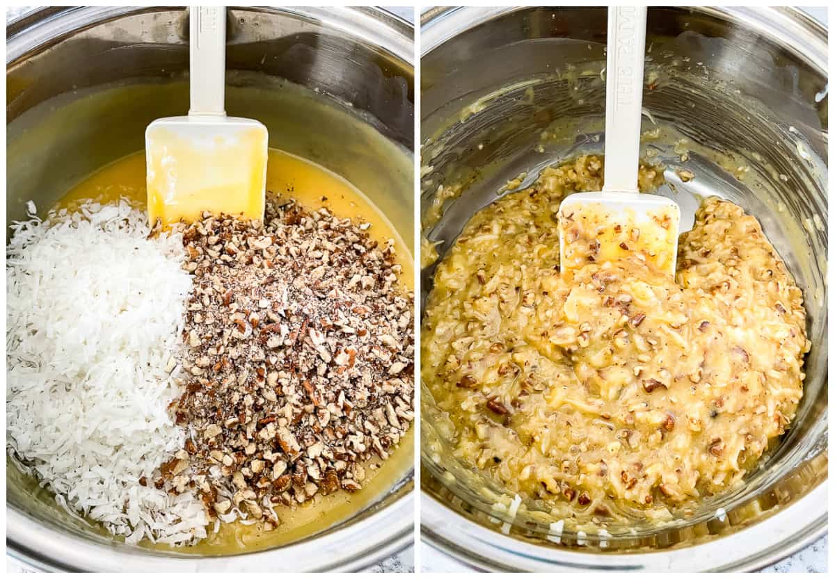 process shots - making german chocolate frosting with coconuts and pecans