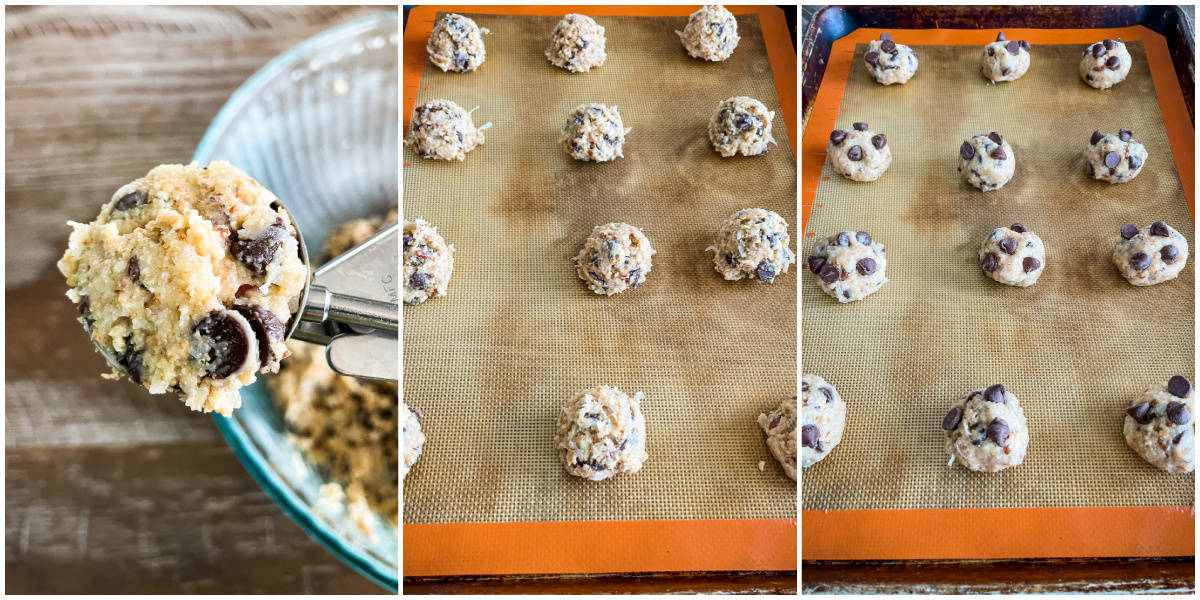 graham cracker chocolate chip cookies being rolled into balls and put on pans