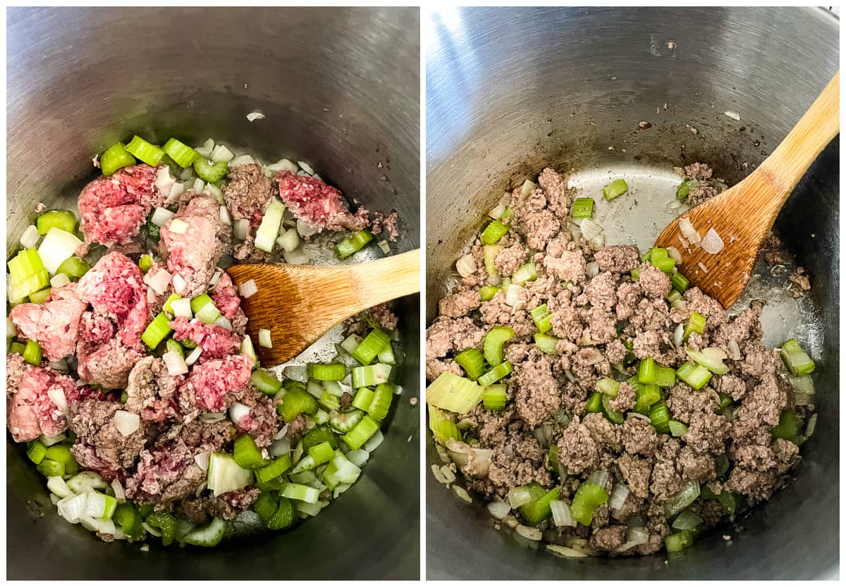 ground beef, onions, and celery being browned in a soup pot
