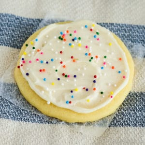 cookie with sugar cookie frosting and sprinkles
